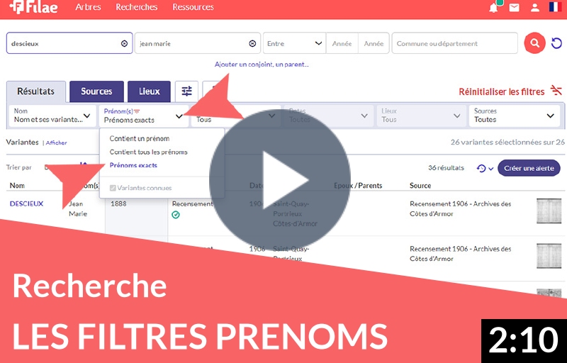 Les filtres de recherche sur les prénoms