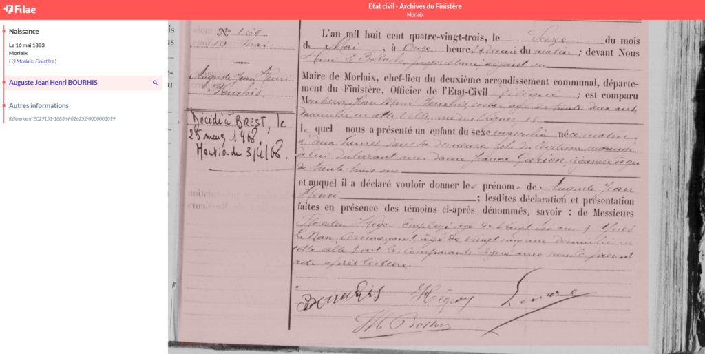 acte de naissance à Morlaix en 1883