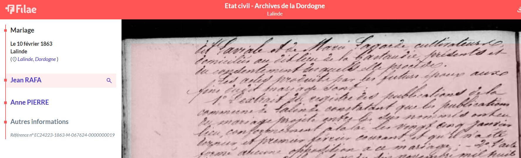 Mariage en Dordogne de 1863